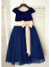 Navy Blue Velvet Tulle Tea Length Flower Girl Dress